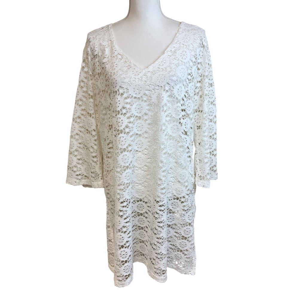 J VALDI Sheer White Lace V Neck 3/4 Sleeve Tunic Cover Up Dress L Swim‎ Vacation